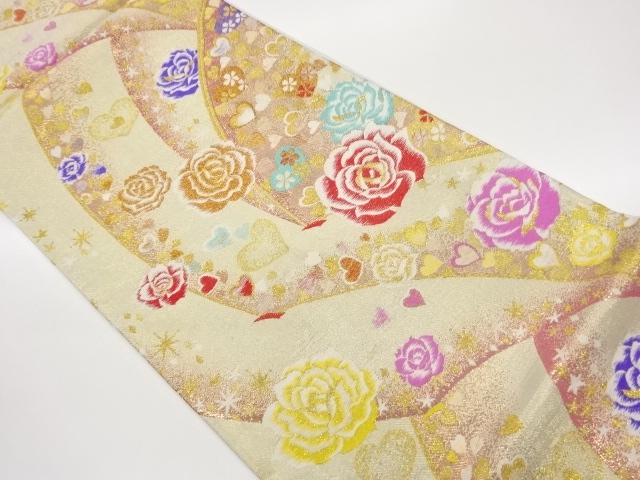 JAPANESE FUKURO OBI / WOVEN ROSE & WAVY STRIPE